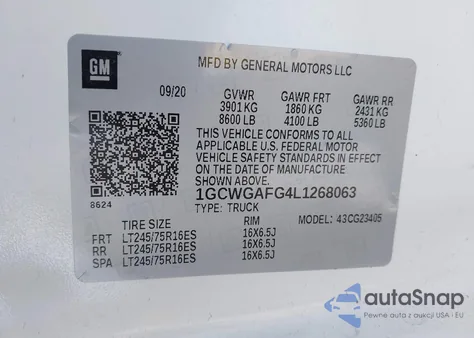 2020 Chevrolet Express Cargo Rwd 2500 Regular Wheelbase Wt from USA, damaged, VIN 1GCWGAFG4L1268063